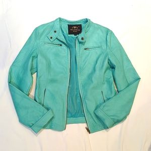 NWOT teal faux leather crop jacket